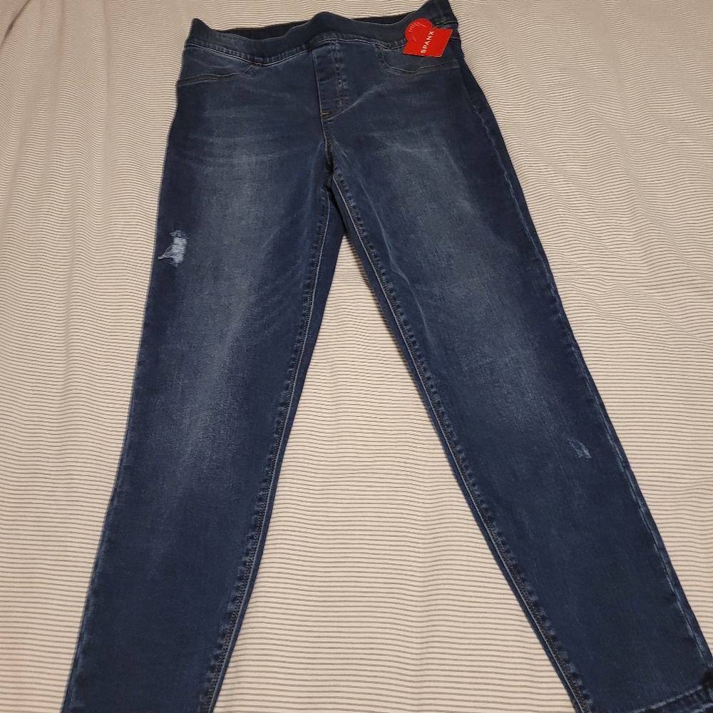 Spanx Denim Leggings with distressed hem/accents Large Medium Wash NWT